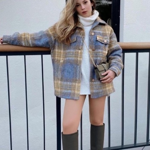 Zara | Oversized Blue & Tan Shacket Overshirt Jacket Small - Picture 2 of 16